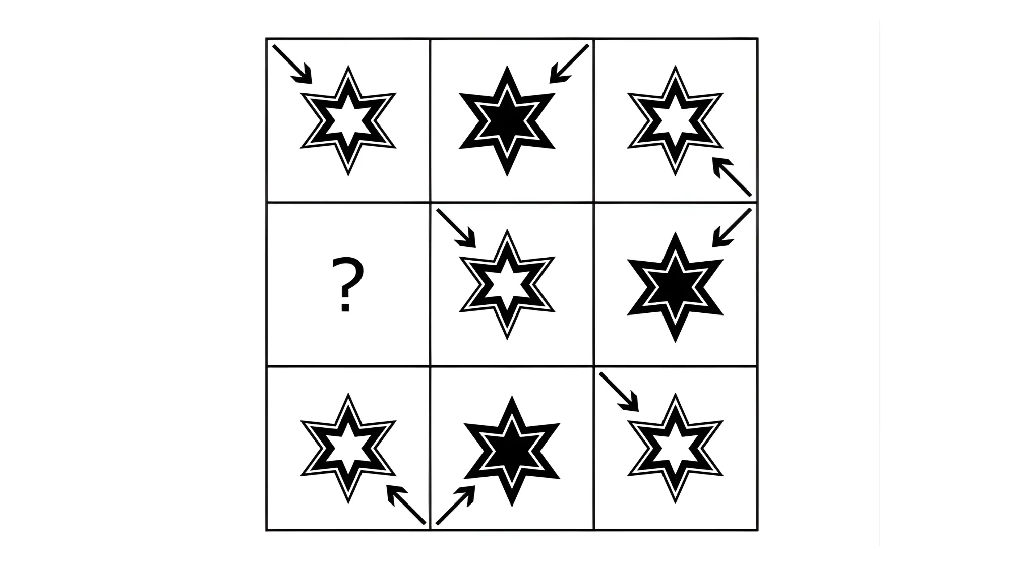 Black and white star pattern puzzle with one star missing, for an adult intelligence scale IQ test challenge.