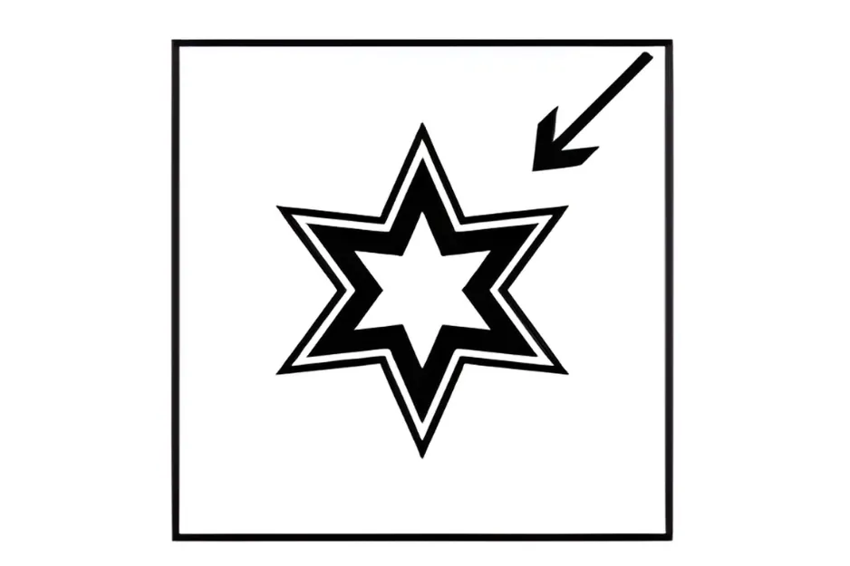 Black and white star pattern with a bold arrow pointing to the outer edge of the six-pointed star design.