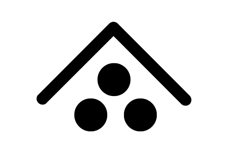 Black geometric house shape with three solid black circles inside on a white background for sequence completion.