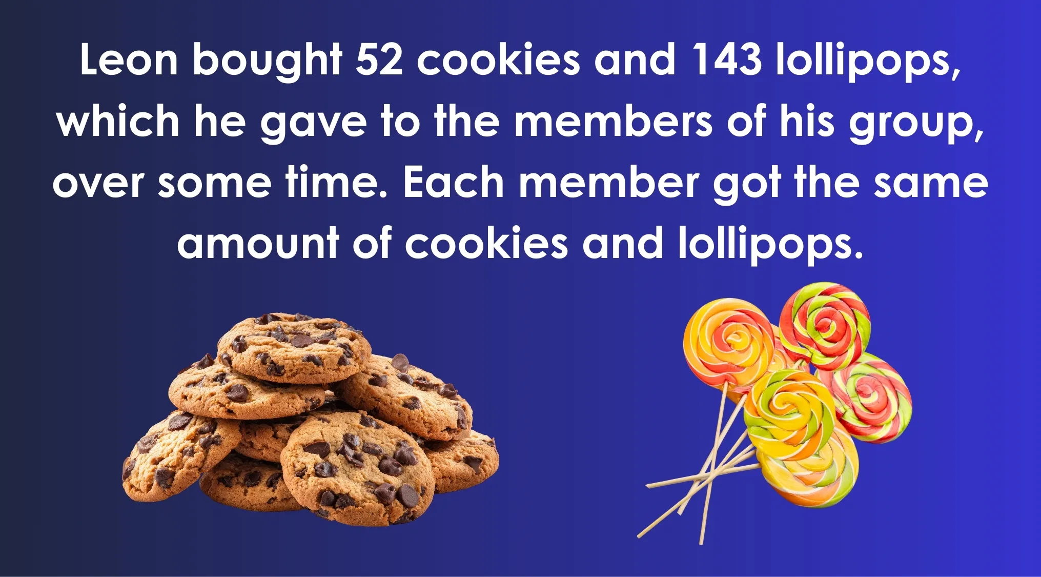 ACT Exam math problem showing cookies and lollipops divided equally among members in Leons group on blue background