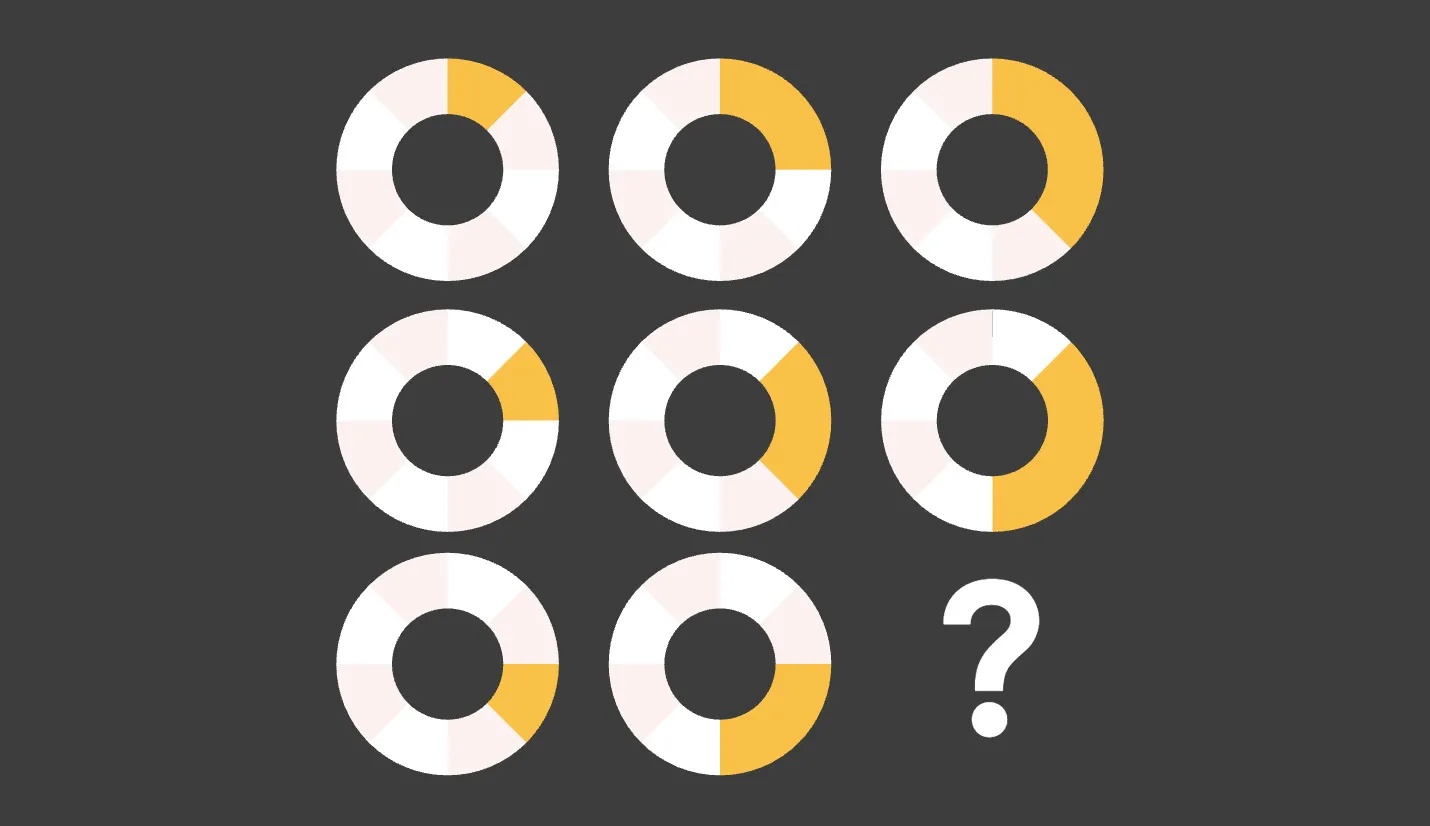 Circular pattern puzzle from an adult intelligence scale IQ test asking which figure completes the pattern shown in the grid.