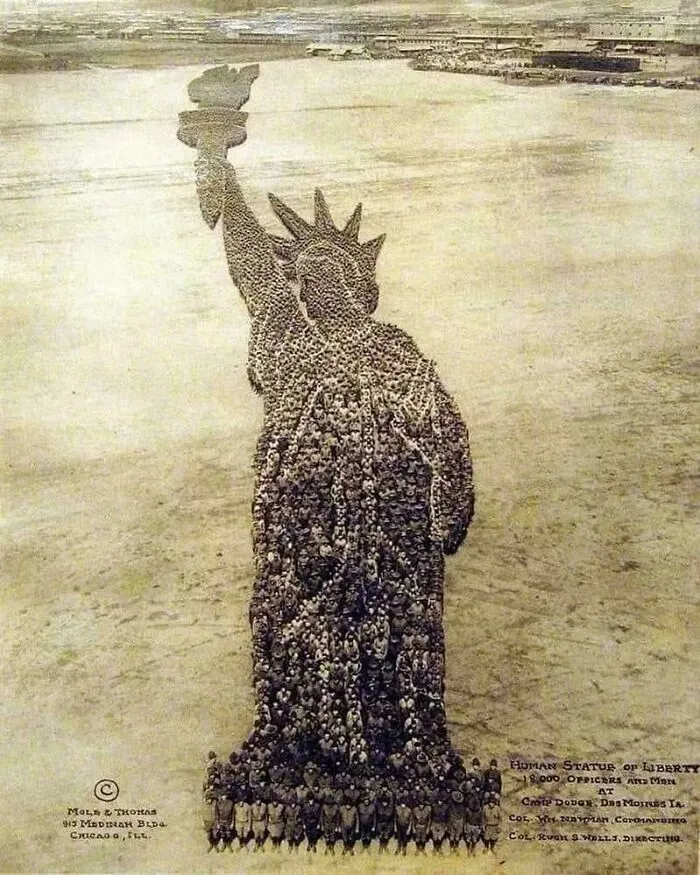 The Shape Of The Statue Of Liberty Formed By 18,000 Soldiers Standing In Formation At Camp Dodge, Des Moines, Iowa, 1918. (Photo By Mole And Thomas, Chicago, Illinois)