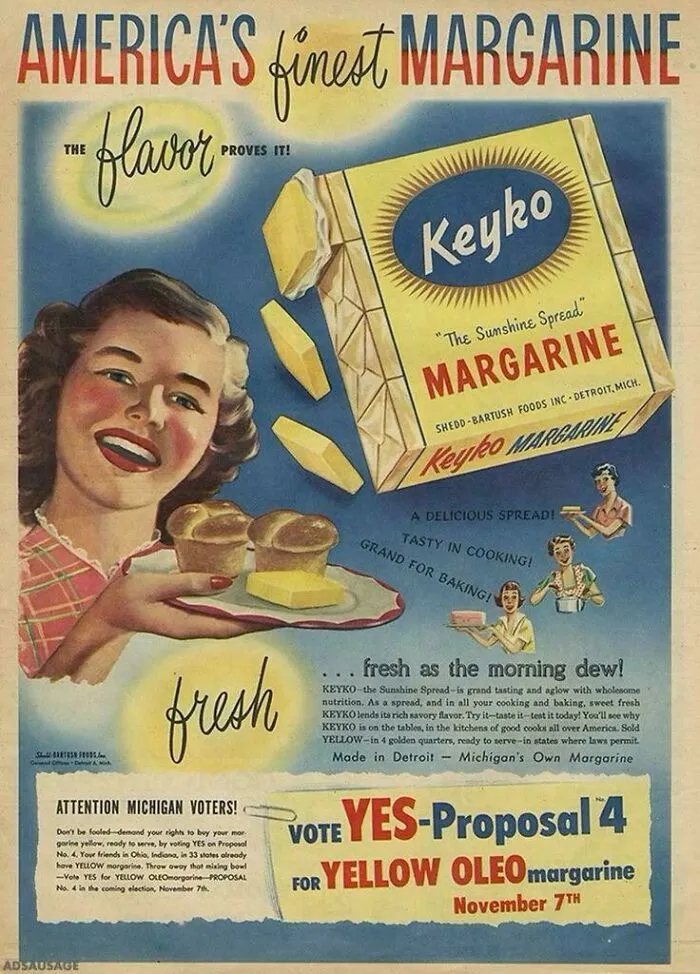 Vintage women’s ad for Keyko margarine featuring a smiling woman presenting bread with margarine on a plate.