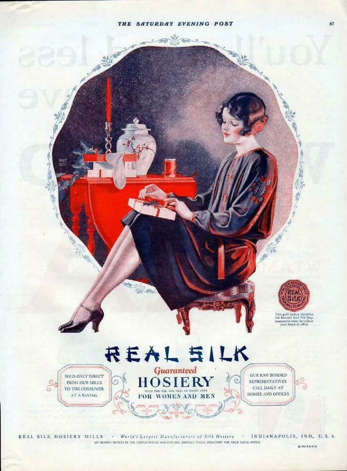 Vintage women’s ads featuring a stylish woman in a 1920s silk hosiery advertisement with elegant decor.