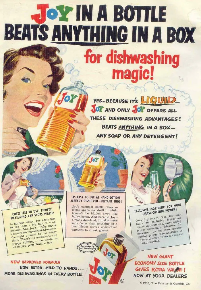 Vintage women’s ad for Joy dishwashing liquid showing a smiling woman holding the product with bold promotional text.