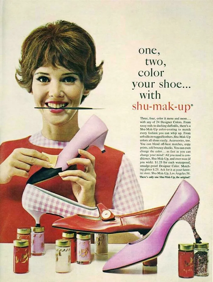 Vintage women’s ad showing a smiling woman painting a high heel shoe with colorful shoe makeup products.