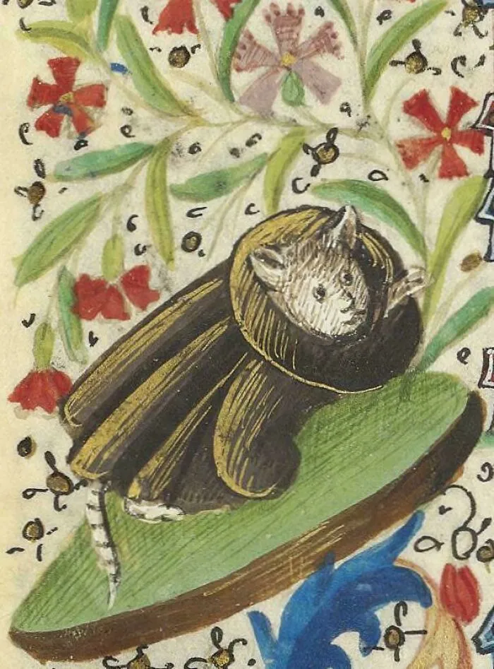 Medieval-style old painting of a mouse wearing a robe surrounded by colorful flowers and decorative elements.
