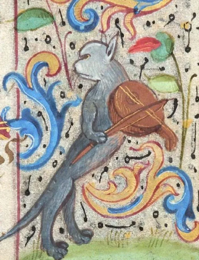 Medieval style old painting of an animal playing a violin surrounded by colorful abstract patterns and musical notes.