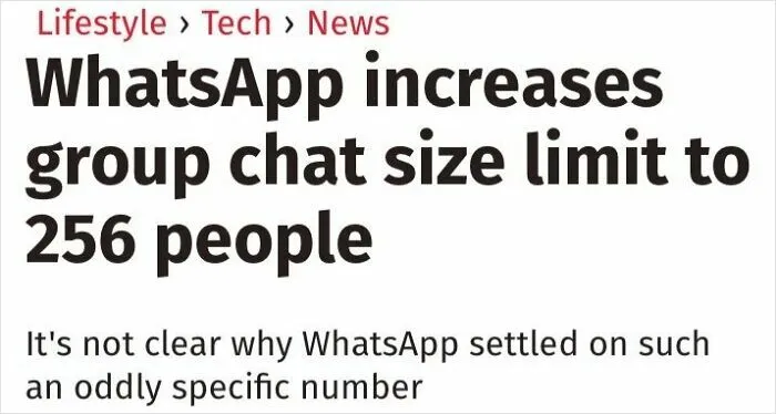 WhatsApp increases group chat size limit to 256 people in a tech news update on messaging app features.