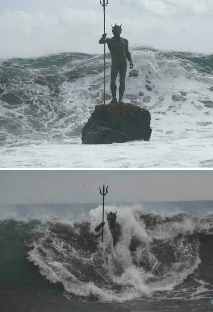 The Bronze Sculpture Of Neptune Rising From The Sea At Melenara Beach In Spain