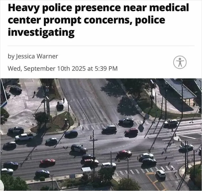 Heavy police presence at intersection near medical center, part of wild incidents making headlines nationwide.