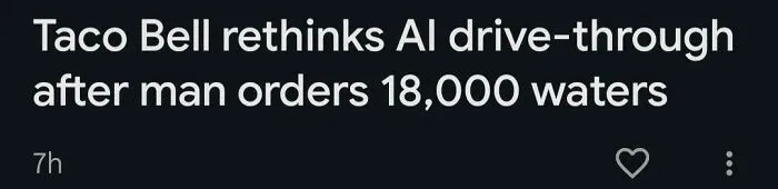 Screenshot of a surprising wild incident headline about a man ordering 18,000 waters at a Taco Bell drive-through.