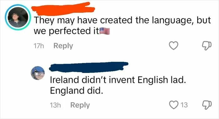 Screenshot of ridiculous American internet comments with patriotic and corrective replies in a humorous online exchange.