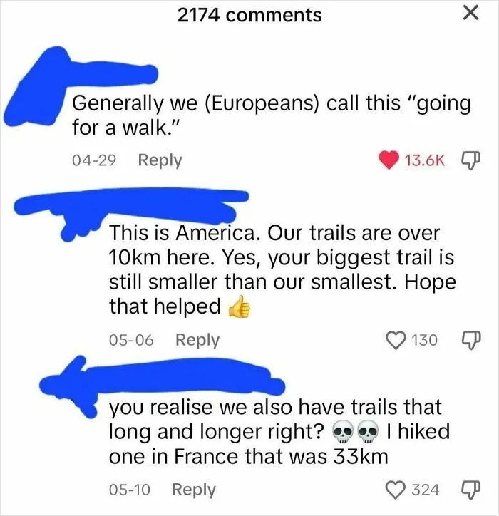 Screenshot of a humorous online debate about trail lengths featuring American internet comments getting roasted.