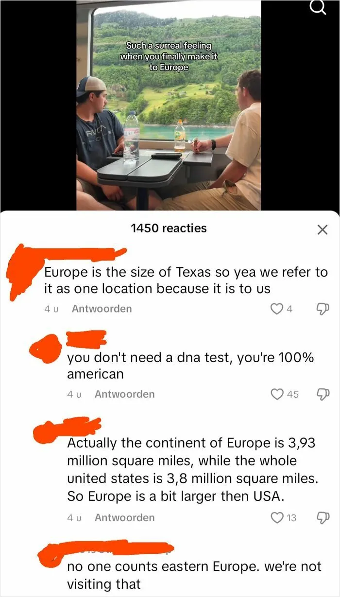Two men seated on a train discussing Europe with American internet comments providing ridiculous takes and getting roasted.