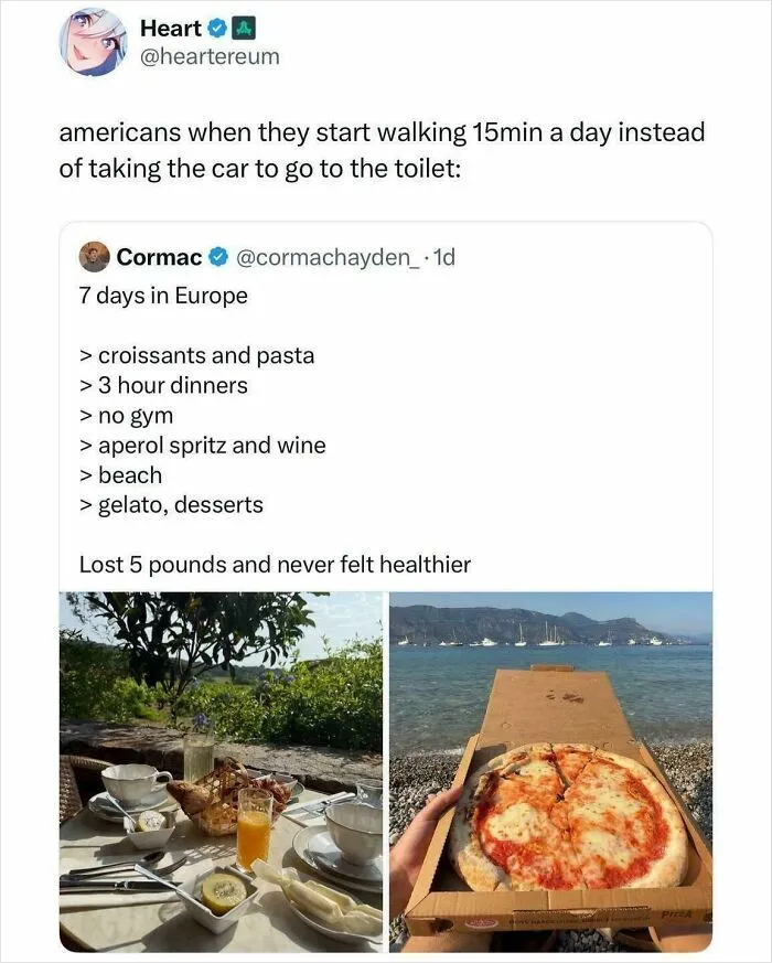Screenshot of a humorous American internet comment about walking less and European vacation eating habits.