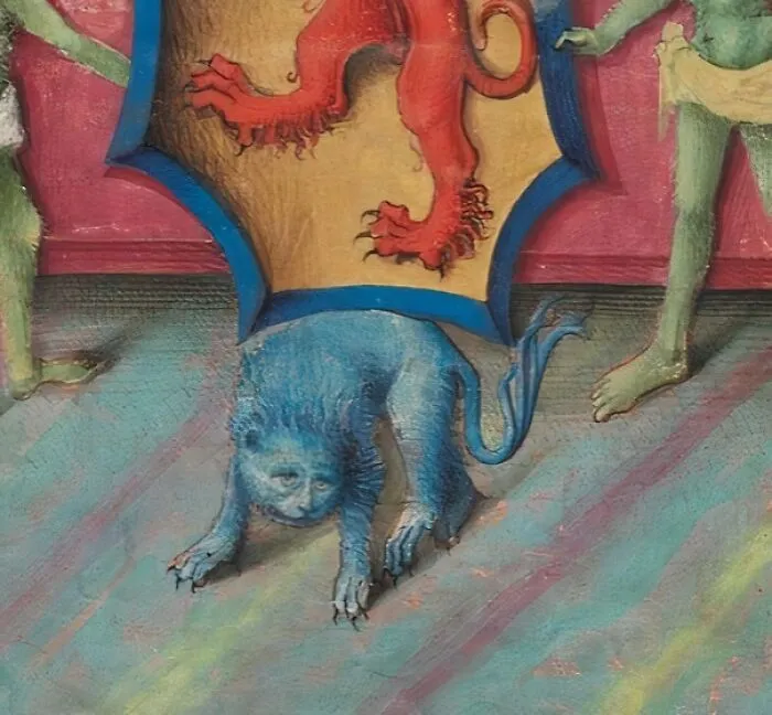 Old painting featuring a humorous blue creature with human-like face and clawed feet in a medieval-style scene.