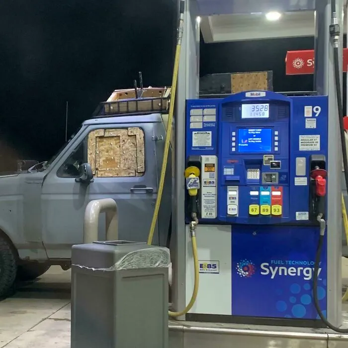 All Windows Were Boarded Up Like This Except For The Windshield