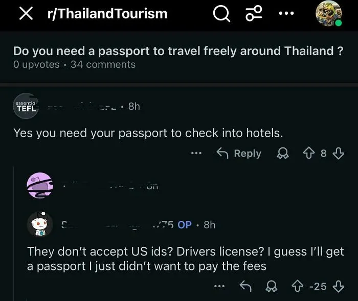 Reddit thread showing Americans confused about passport requirements while traveling in Thailand, with dumb comments.