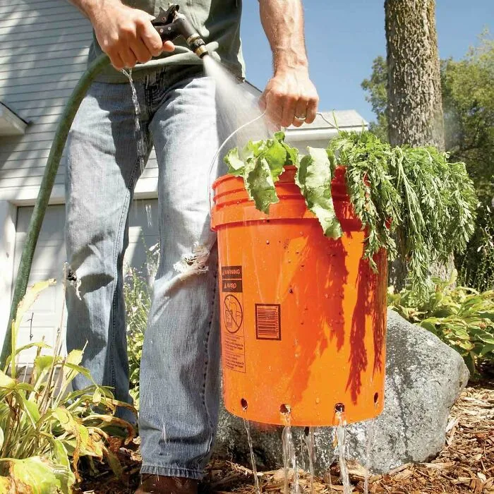 Perfora un montón de agujeros en un balde grande y úsalo para recolectar tus frutas/verduras y lavarlas todas a la vez
