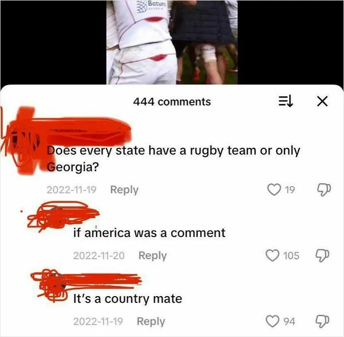 Screenshot of dumb American comments about rugby teams and geography on a social media post with 444 comments.