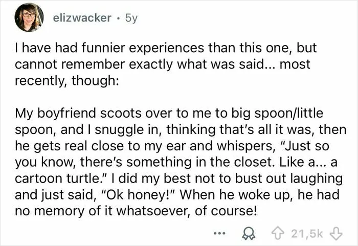 Alt text: A humorous sleep talking story shared by a user about their boyfriend mentioning a cartoon turtle in a closet.