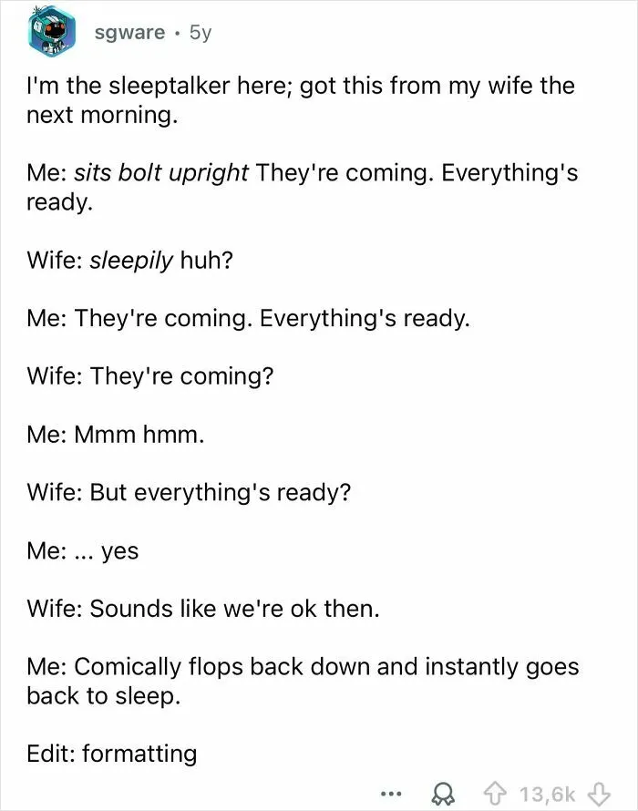 Text post showing a funny sleep talking conversation between a husband and wife shared by a sleep talker.