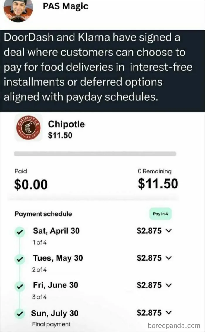 Post showing food delivery paying in interest-free installments, highlighting the reality of living in an actual dystopia today.