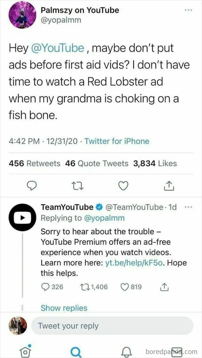Tweet exchange about YouTube ads before first aid videos highlighting dystopia in everyday life with user complaints and official response.