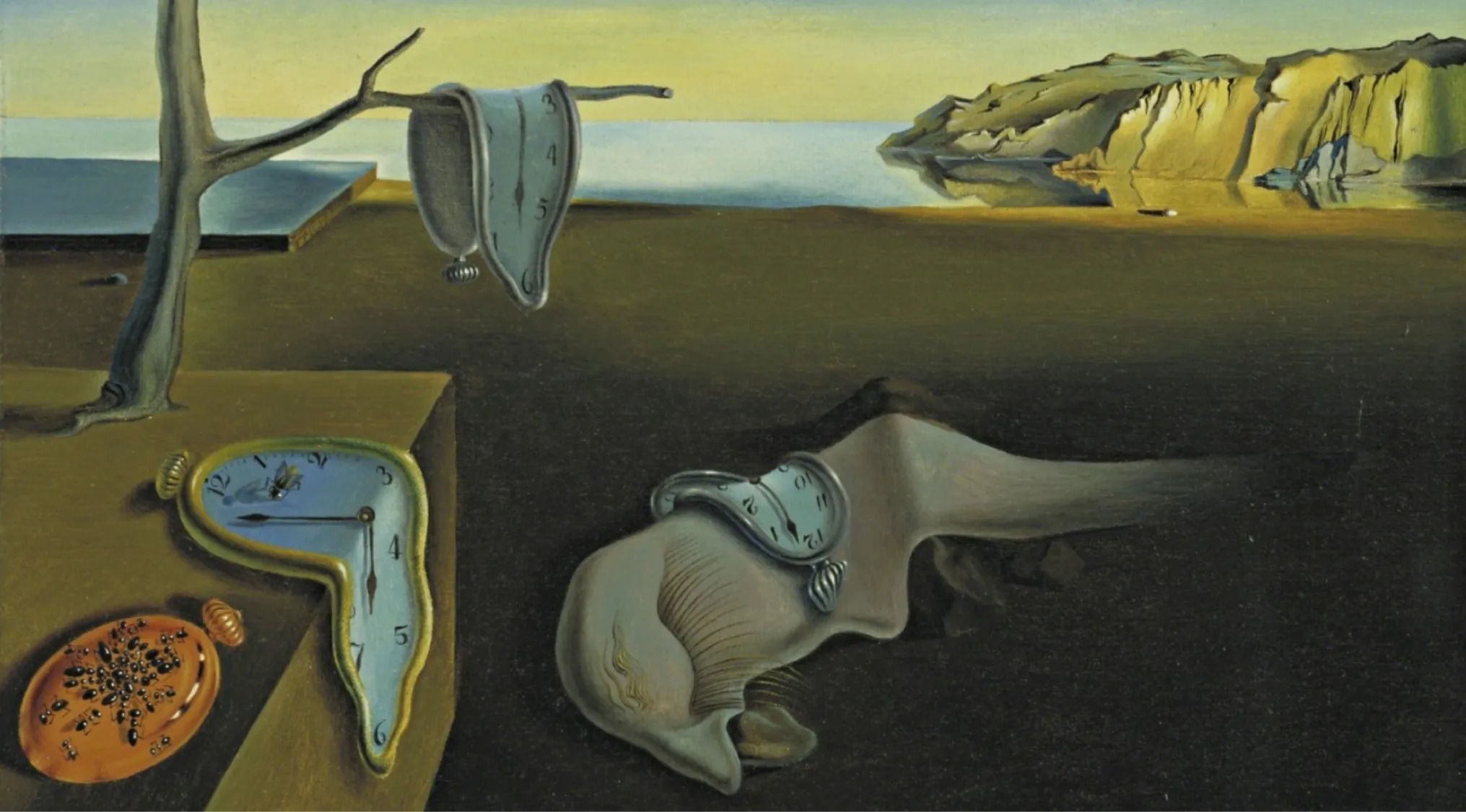 Surreal landscape with melting clocks and distorted shapes, inspired by The Persistence of Memory painting.