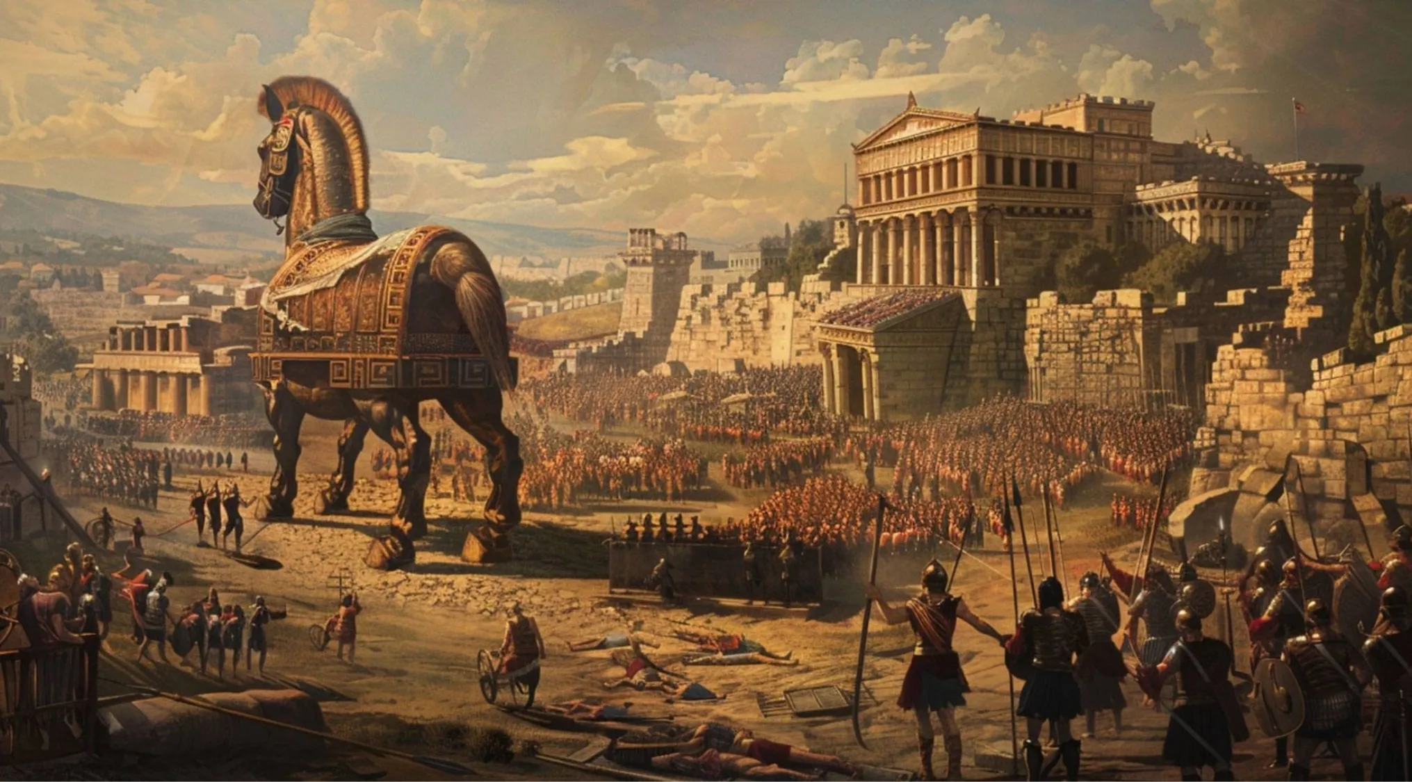 Ancient city of Troy with wooden Trojan horse and soldiers outside city walls in historical battle scene.