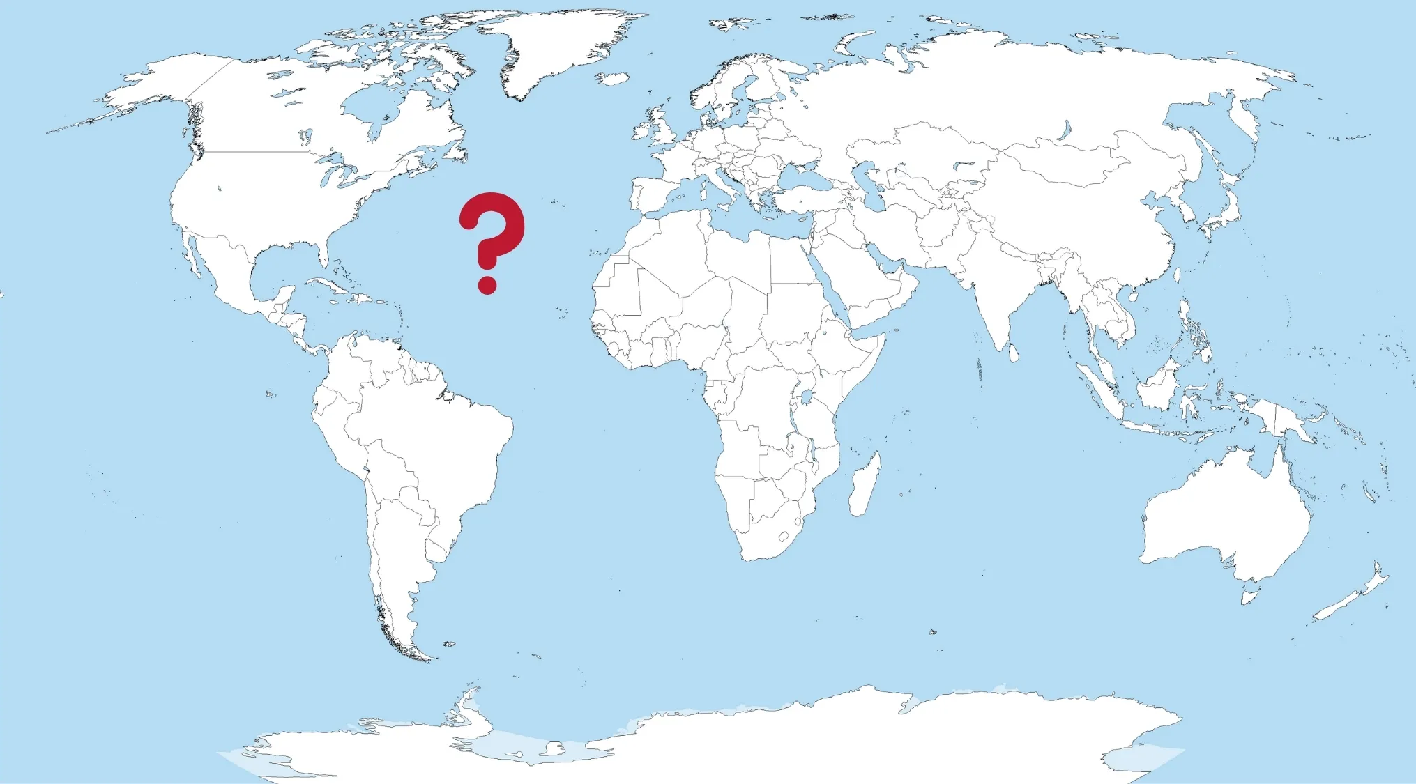 World map showing the ocean separating Europe and America with a red question mark in the Atlantic Ocean.