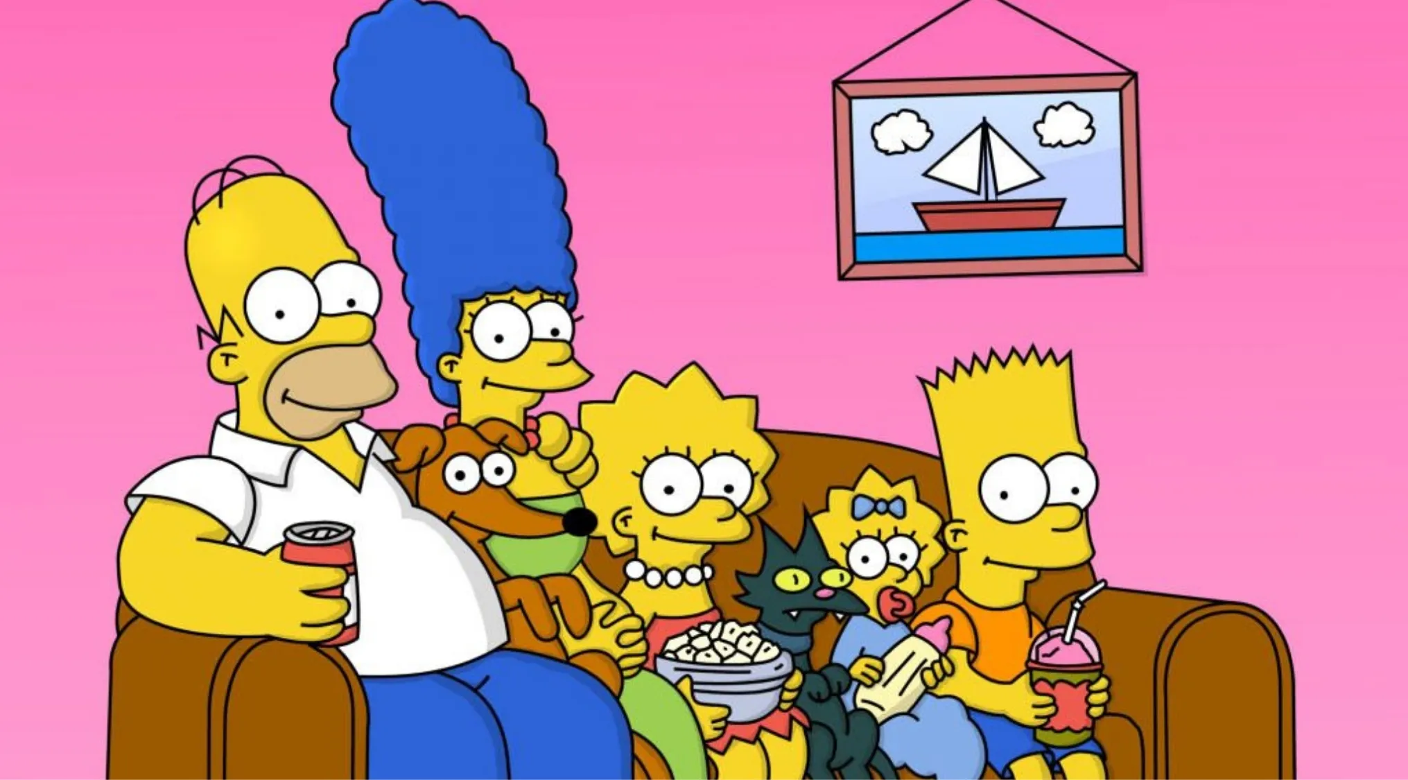 The Simpsons family sitting on a couch with pets, trivia night question about first aired in the 1980s.
