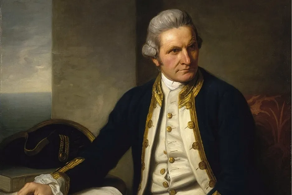 Portrait of European explorer James Cook in 18th century naval uniform sitting indoors near a window with ocean view.
