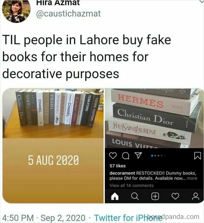 Twitter post showing fake luxury brand books for home decoration, highlighting strange normality in modern dystopia days.