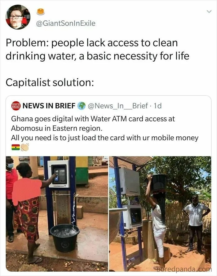 Tweet highlighting lack of clean water access and capitalist digital water ATM solution in a dystopia reality.