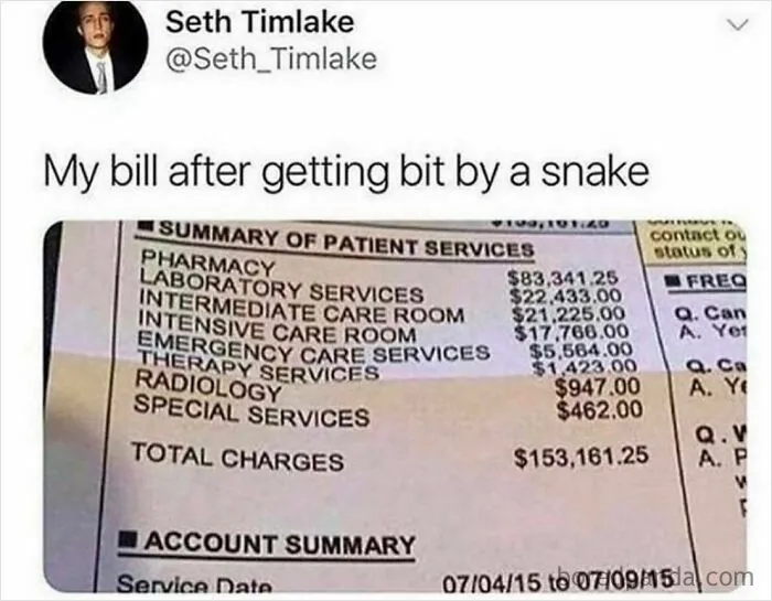 Tweet showing an outrageous medical bill after a snake bite highlighting the reality of living in a dystopia.