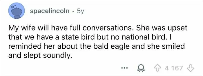 Text post showing a funny thing people have heard someone say in their sleep about birds and sleeping soundly.