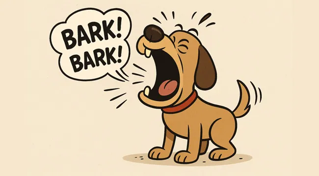 Illustration of a barking dog with speech bubble, inviting users to guess the saying from an AI image puzzle.