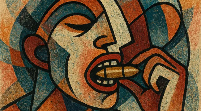 Cubist style artwork of a person eating a large pill, illustrating the guess the saying from an AI image concept.