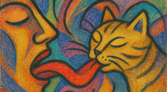 Abstract colorful illustration showing a person and a cat with connected tongues, guessing the saying from an AI image.