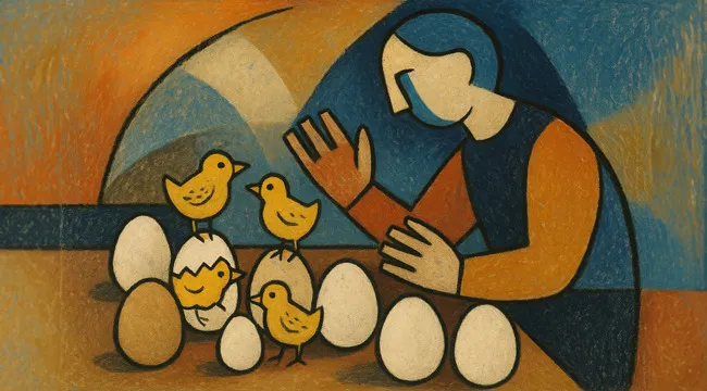 Abstract image showing a person observing chicks hatching from eggs symbolizing a guess the saying from an AI image.