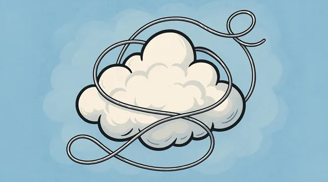 AI image showing a cloud tangled in loops of wire, challenging viewers to guess the saying it represents.