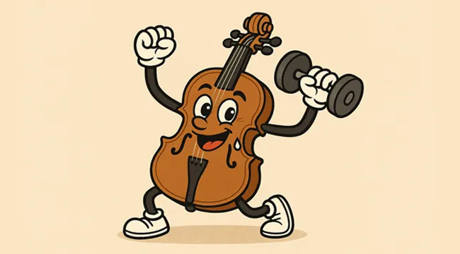 Animated violin character lifting a dumbbell, symbolizing strength and effort in guessing the saying from an AI image.