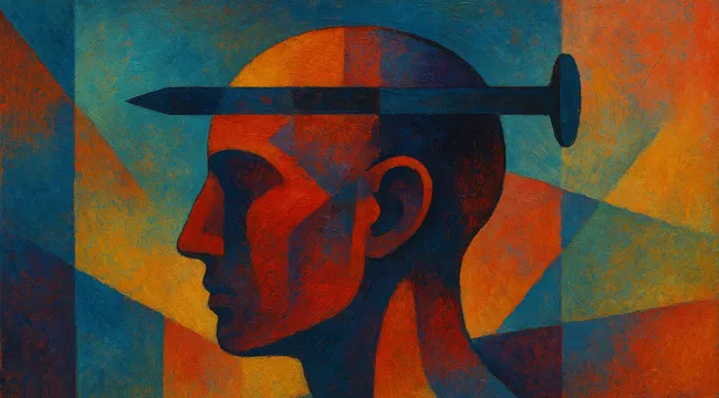 Abstract painting of a person with a nail through their head illustrating a saying in an AI image guessing challenge.