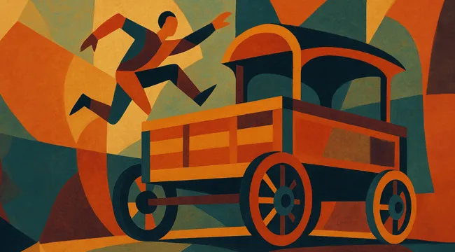 Abstract illustration of a person jumping over a vintage car, a creative guess the saying from an AI image representation.