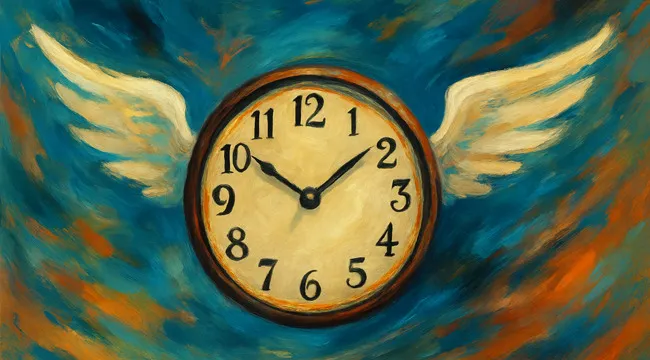 Clock with wings flying in a colorful sky, visualizing a common saying about the passage of time.