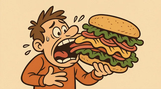 A cartoon man struggling to eat a giant sandwich in a literal guess the saying from an AI image concept.