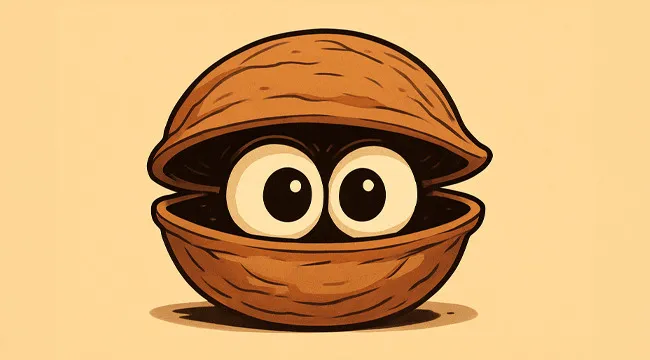 Illustration of a cartoon walnut shell with big eyes inside, inviting to guess the saying from an AI image.