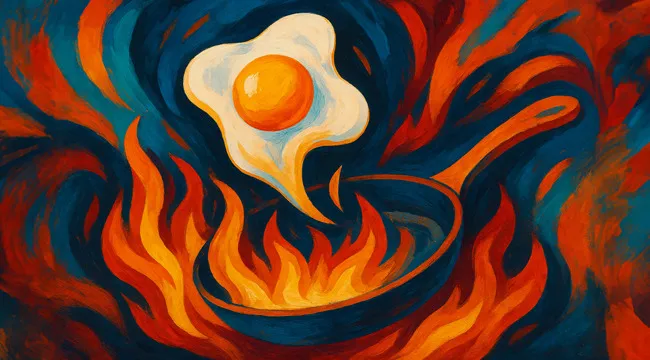Surreal painting of a fried egg over flames in a pan, illustrating a guess the saying from an AI image concept.